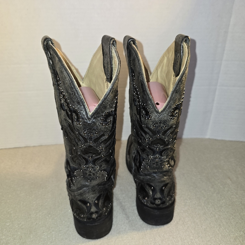 Corral Vintage Dark Gray/Black Crater Inlay Embroidered Studs Boots size 5 1/2 - Picture 4 of 9